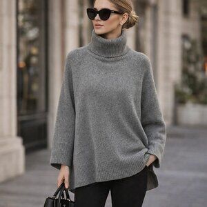 NWT THEORY Turtle Neck Swingy Shape Wool Sweater, Grey, Swingy Shape